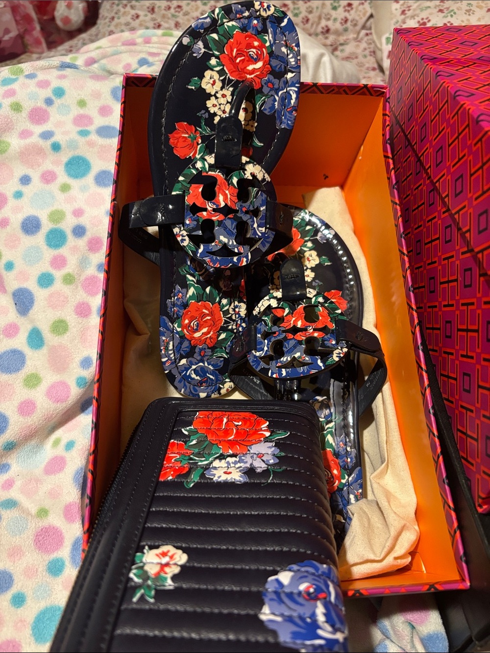 Tory Burch Floral Patent Leather Miller Sandals in Black with Red & Blue Flowers